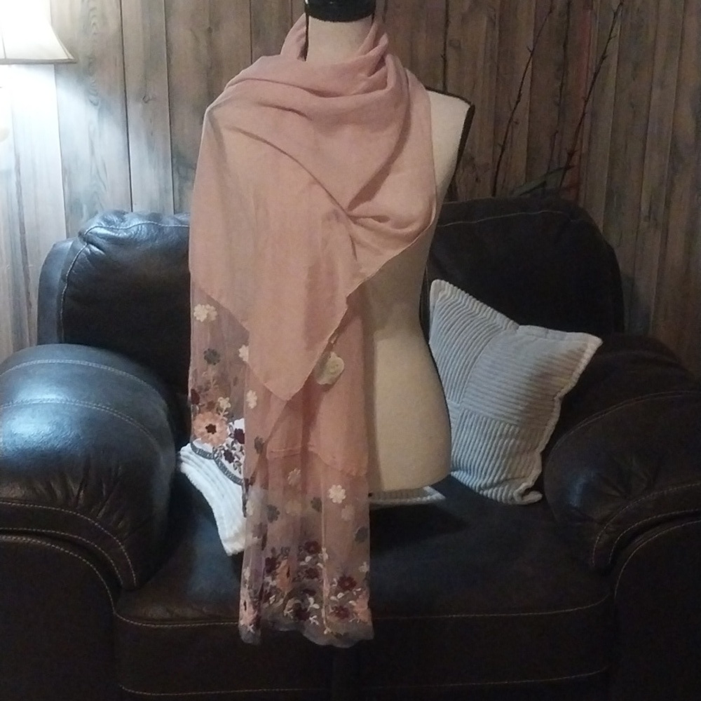 Thin Pink Gauze Embroidered Floral Scarf Shawl Cottagecore Grandmacore Scarf Y2K